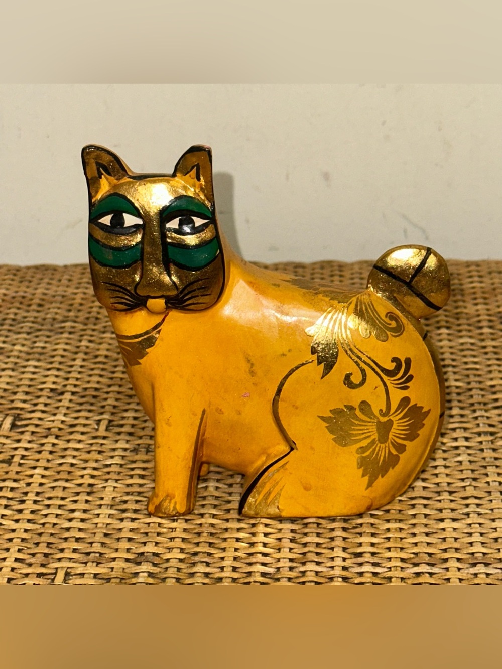 Vintage 1980s Laurel Burch Wooden Cat Figurine Gold Hand Painted Animal 5”